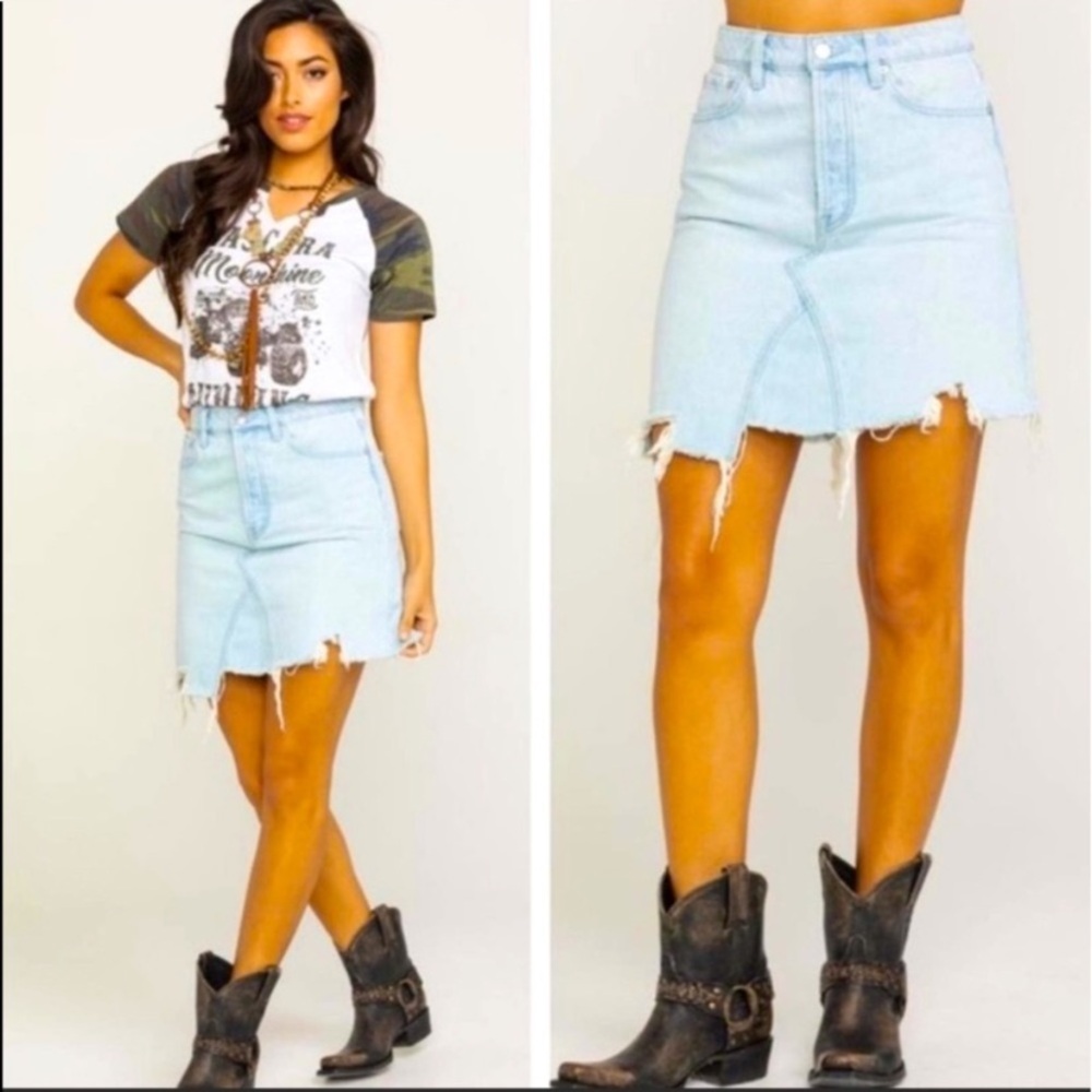 Free People Going Rogue Distressed Light Wash Denim Skirt